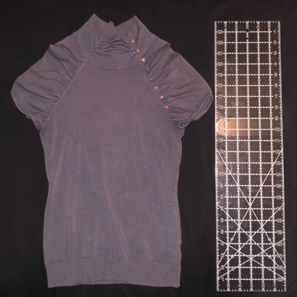 Grey Derek Heart Sweater Shirt with Cap Sleeves, Ruching, and Mock Turtle Neck